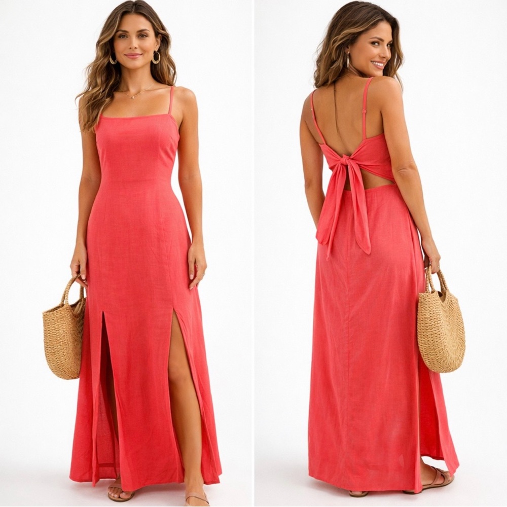 The Fifth Label Fresco Linen Back Tie Cutout Maxi Dress Coral Pink Size 8 💛🍄